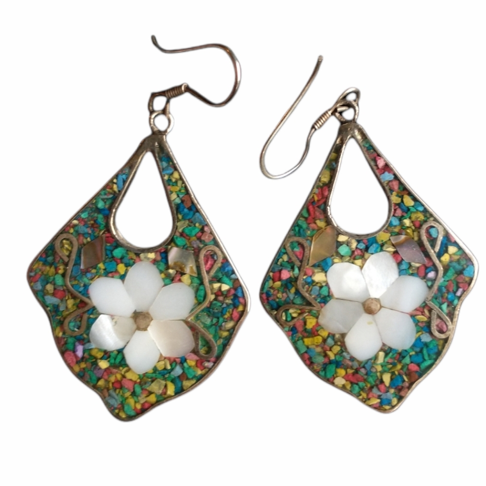 Vintage Inlay earrings multiple color floral MOP silver dangle